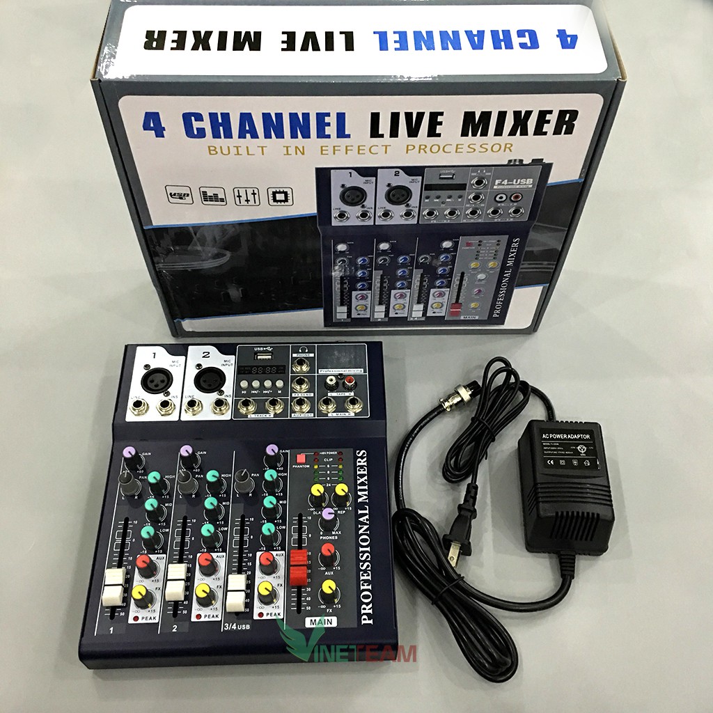 Mic thu âm AQ220 mixer Vinetteam F4 bluetooth dây live stream 3 ĐẦU ,chân kẹp,màng lọc,Jack 6.5 ra 3.5