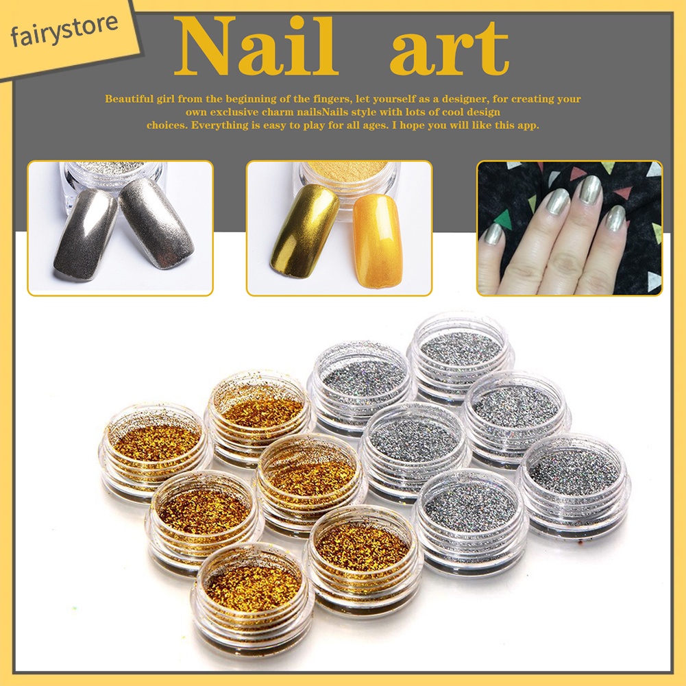 Set 12 hộp bột lấp lánh màu bạc vàng đồng trang trí móng nghệ thuật