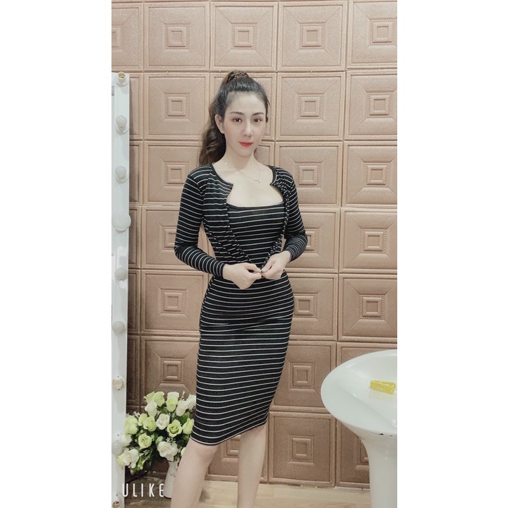 sét thun đầm body hai dây kèm áo khoác ngoài kẻ sọc ngang thời trang xinh xắn m535