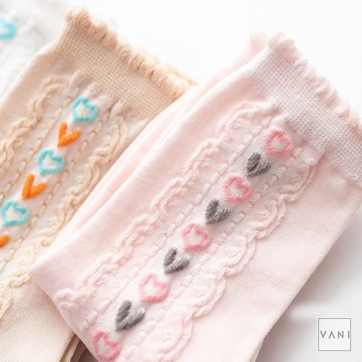 Tất Vớ Họa Tiết Ren In Nổi Hình Trái Tim Nhiều Màu, Phong Cách Lolita - Vani Store
