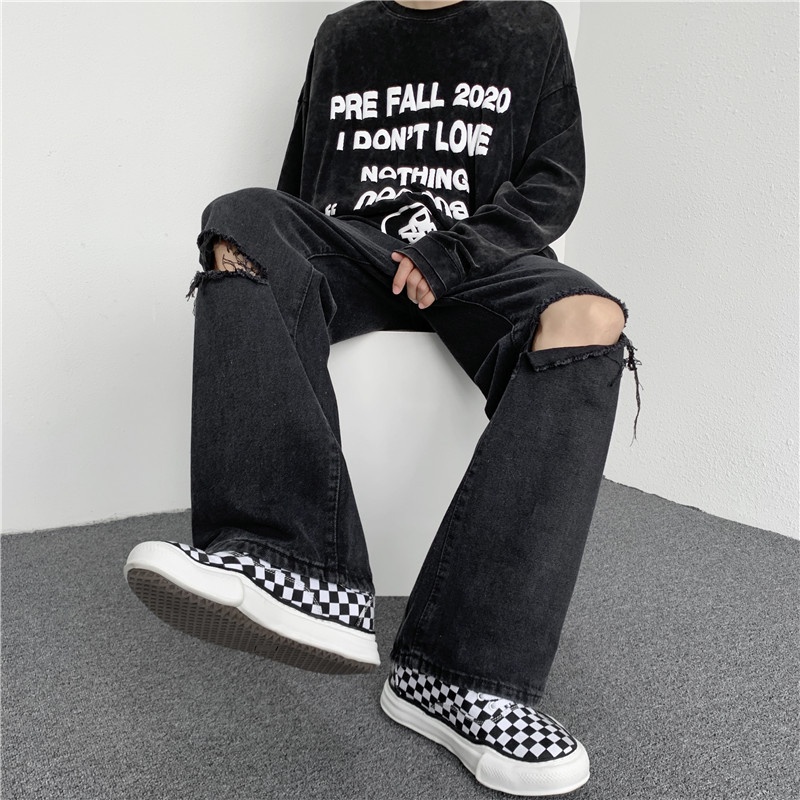 Quần baggy nam jean ống rộng nam nữ màu đen-quần nam hàn quốc
