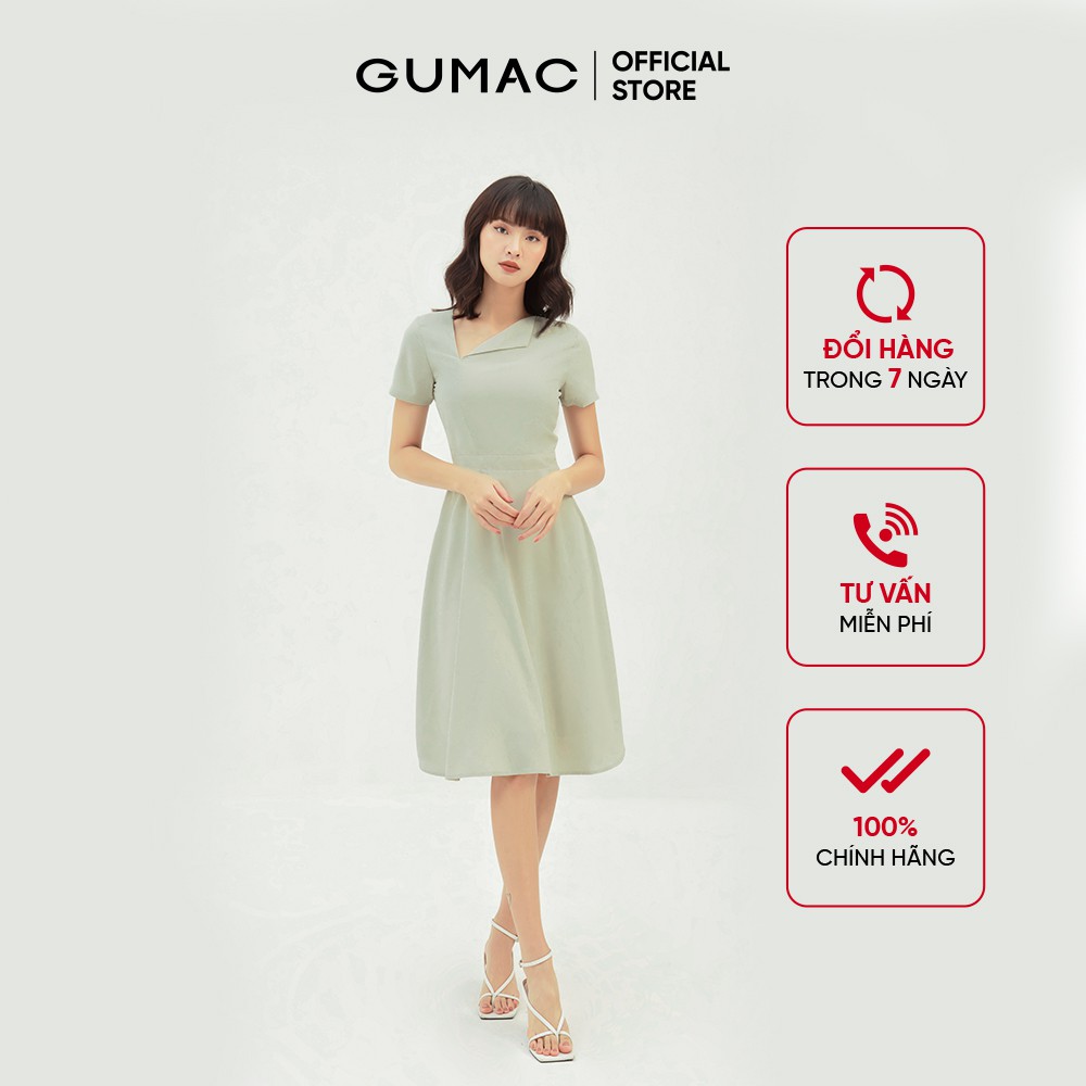 Đầm xòe nữ cổ lật bản eo GUMAC màu xanh trơn, đủ size, trẻ trung, thanh lịch DB365 | BigBuy360 - bigbuy360.vn