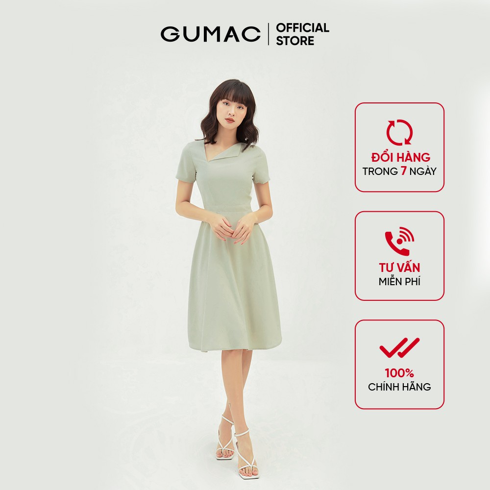 [Mã WABRGU72 giảm 10% tối đa 50k đơn 250k] Đầm xòe nữ cổ lật bản eo GUMAC màu xanh trơn, trẻ trung, thanh lịch DB365