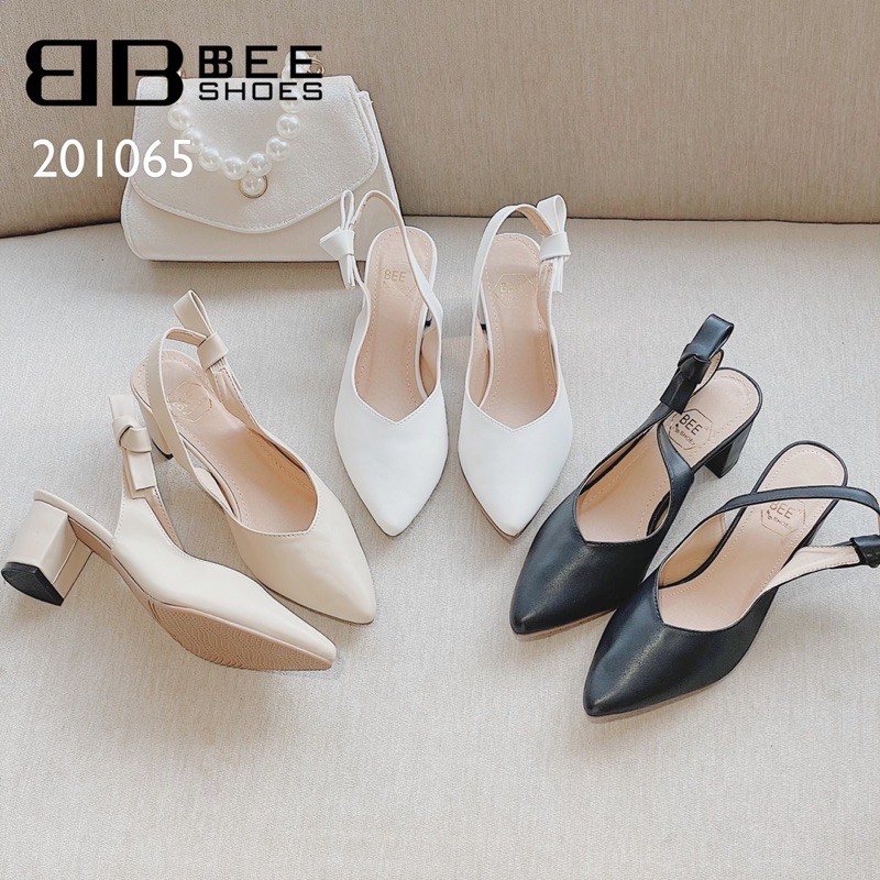 BEESHOES - GIÀY BÚP BÊ NỮ MŨI NHỌN QUAI NƠ - GIÀY BÚP BÊ NỮ ĐẾ VUÔNG CAO 5 PHÂN SẴN MÀU ĐEN - BE - TRẮNG 201065