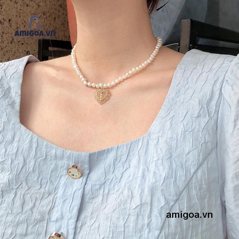 ✨✨Vòng cổ chuỗi hạt ngọc trai giả mặt dây hình trái tim đính đá giả thời trang sang trọng cho nữ