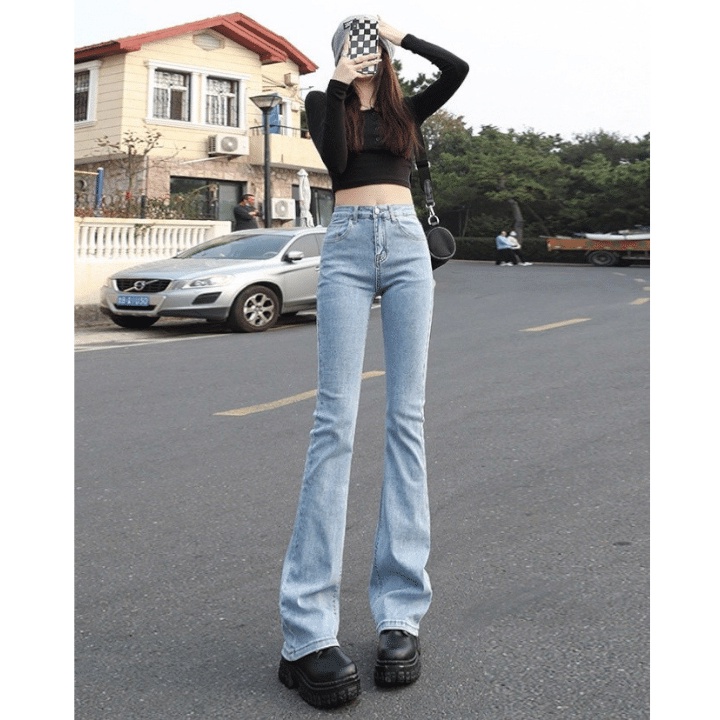 Quần bò ống loe/ Quần jean nữ lưng cao ôm dáng loe ống 2 màu xanh đen chất co giãn RÔ STORE QD44 | BigBuy360 - bigbuy360.vn