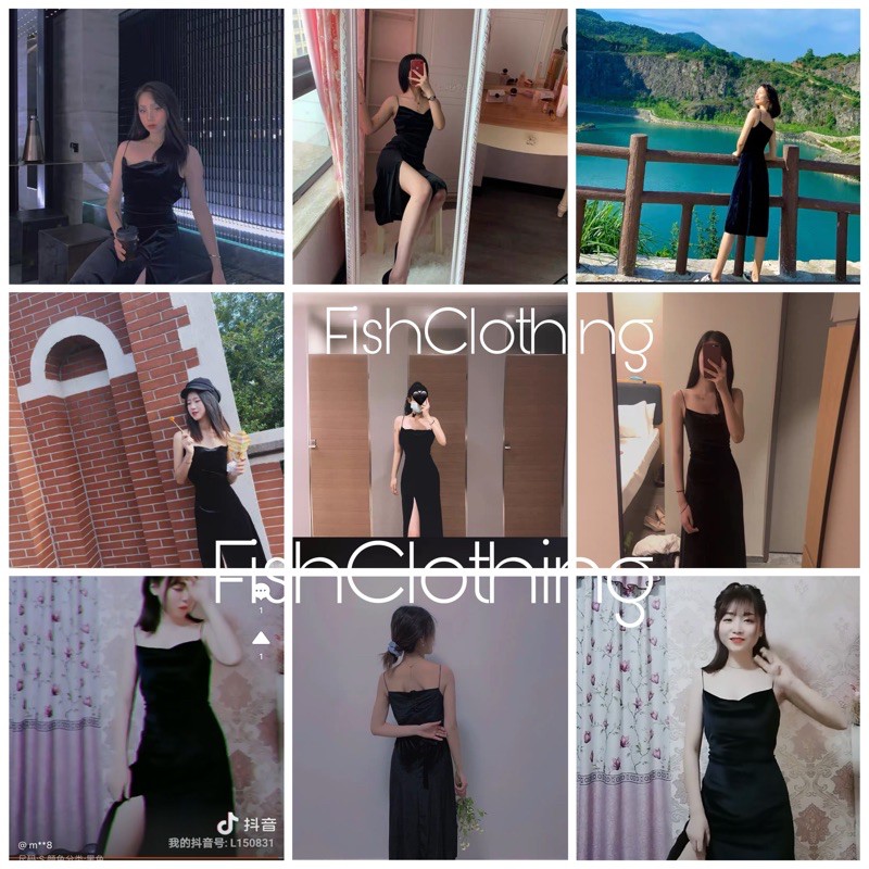 HÀNG SẴN❌Đầm dự tiệc maxi 2dây nhung xẻ đùi sexy sang chảnh|Đầm body thắt eo cổ đổ basic trơn du lịch