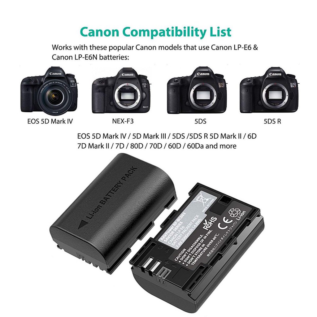 Bộ 2 pin RavPower LP-E6 và sạc đôi cho CANON LP-E6 5D II, 5D III, 60D, 70D, 7D, 80D,5D MARK IV (Hàng chính hãng)