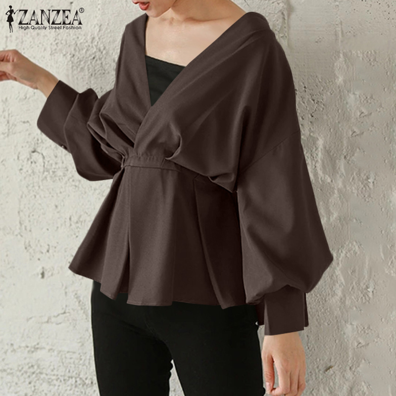Áo ZANZEA tay dài ống phồng cổ chữ V màu trơn phối dây buộc thời trang cho nữ