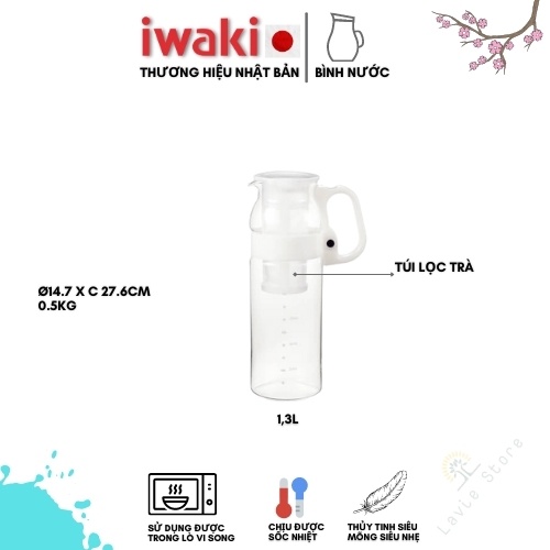 Bình nước thủy tinh Iwaki 1,3L tay cầm trắng, có lọc trà [nhập khẩu]