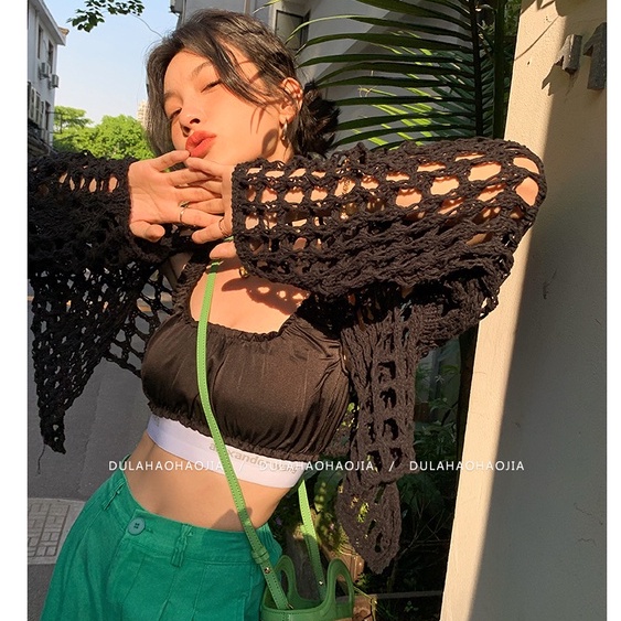 Áo croptop QKOOLE dệt kim tay dài dáng rộng chống nắng phong cách Hàn Quốc dành cho nữ