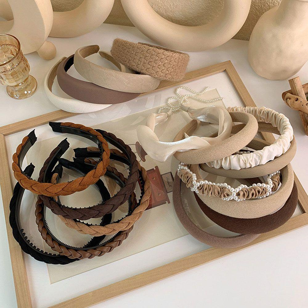 Băng Đô Cài Tóc Bản Rộng Co Giãn Màu Trơn Đính Ngọc Trai Thời Trang Cho Nữ