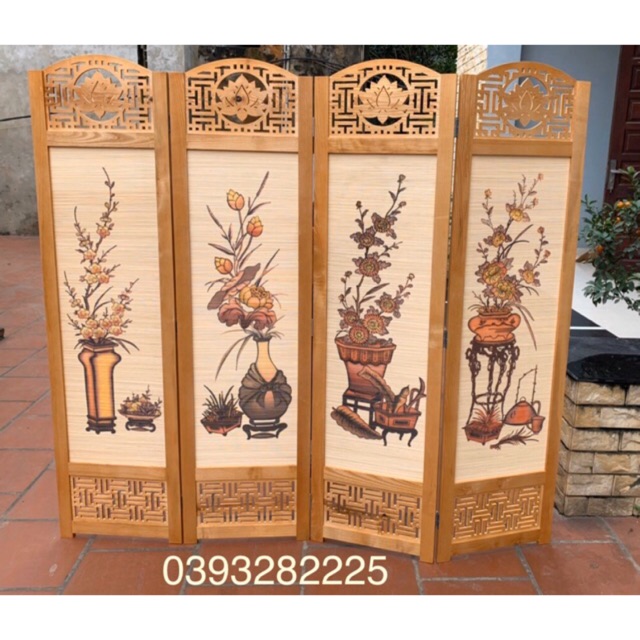 Bình phong khung gỗ tự nhiên nền mành