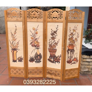 Bình phong khung gỗ tự nhiên nền mành
