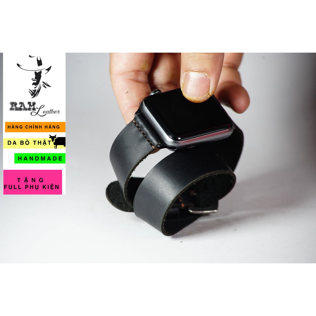 Dây đồng hồ RAM Leather da bò cao cấp màu đen RAM Leather doublestrap - tặng khóa chốt và cây thay dây