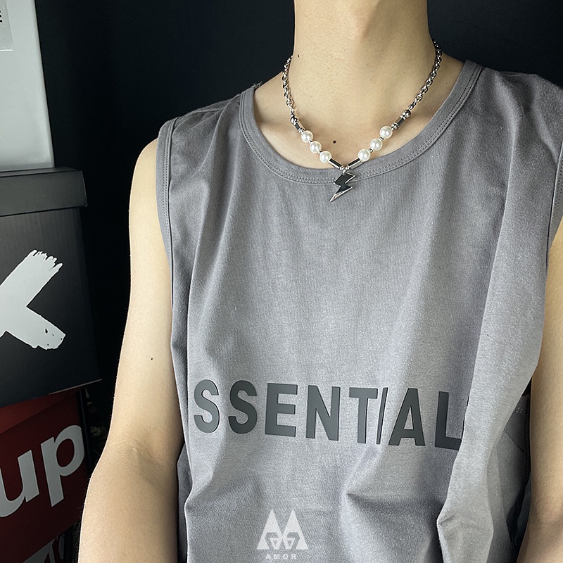 Vòng cổ Thép Titan Đính Ngọc Trai Sấm Sét Phong Cách hip hop Thời Trang Cho Nam Và Nữ