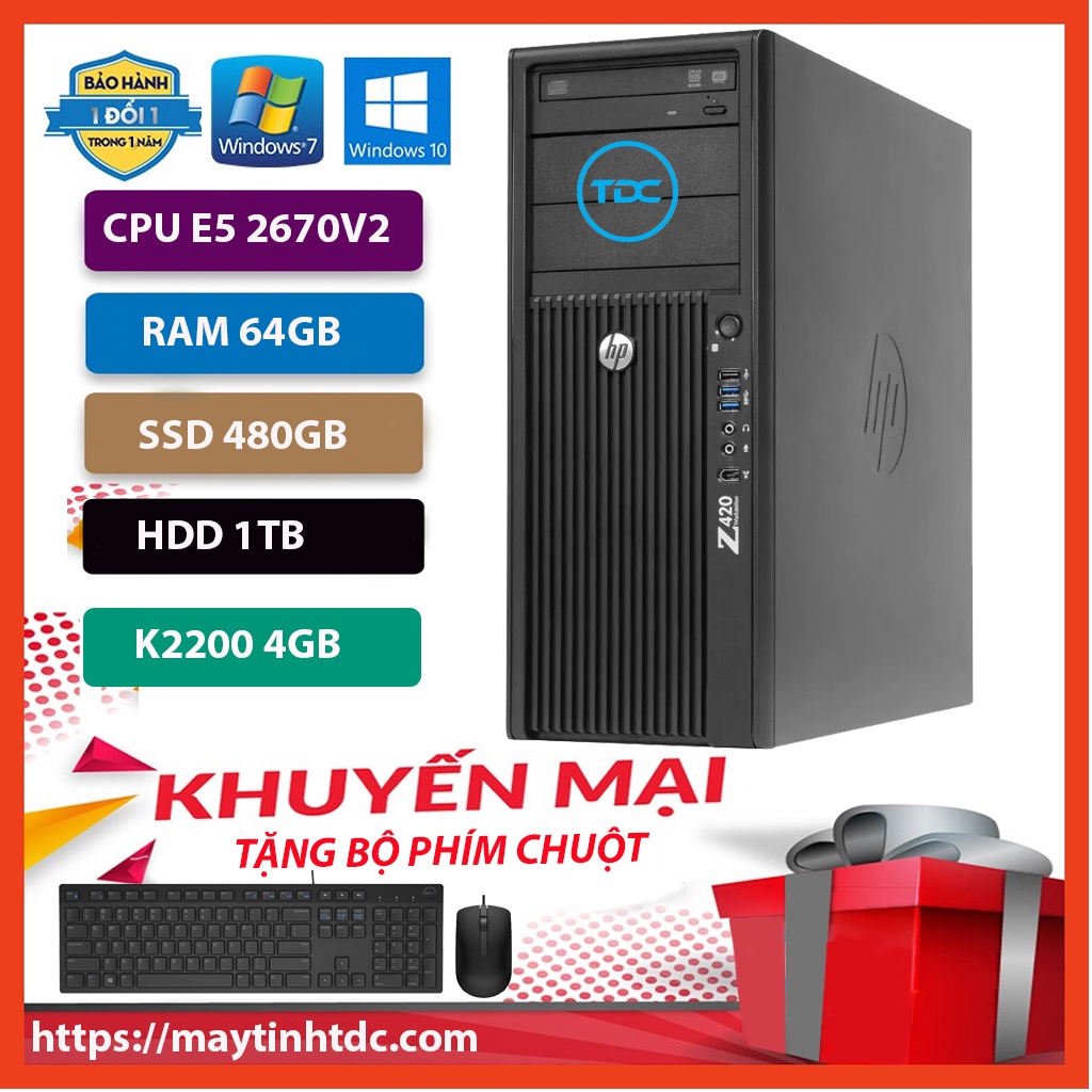 Máy Trạm HP Z420 Chuyên Đồ Họa/Game Nặng CPU E5 2670 V2 Ram 64GB,SSD 480GB,HDD 1TB,Card Rời Quadro K2200+Qùa Tặng