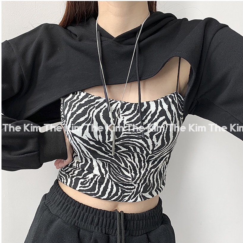 Áo nỉ có mũ dáng ngắn trên ngực ( Chỉ gồm áo ngoài, không kèm áo 2 dây ) , hoodie nỉ dài tay sexy ulzzang AN117