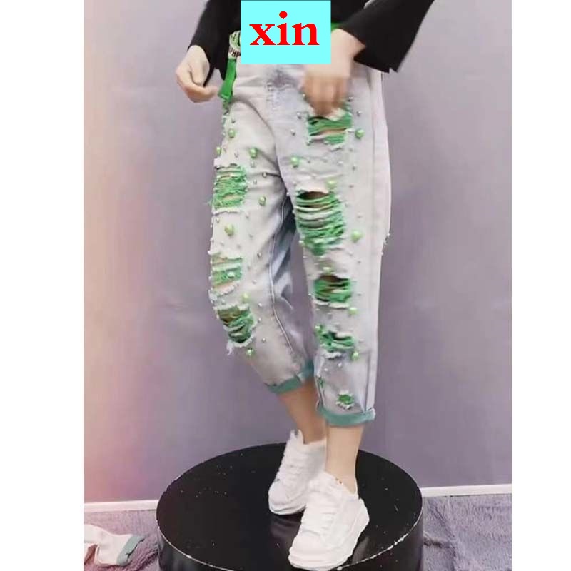 Quần Jean Dáng Ôm Đính Hạt Ngọc Trai Phong Cách Thời Trang Mùa Hè 2022 Cho Nữ