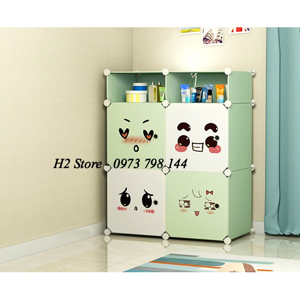 XƯỞNG TỦ NHỰA LẮP GHÉP 4 Ô + 2 Ô NHỎ CỬA MẶT CƯỜI ĐỂ QUẦN ÁO ĐA NĂNG THÔNG MINH sâu 37cm