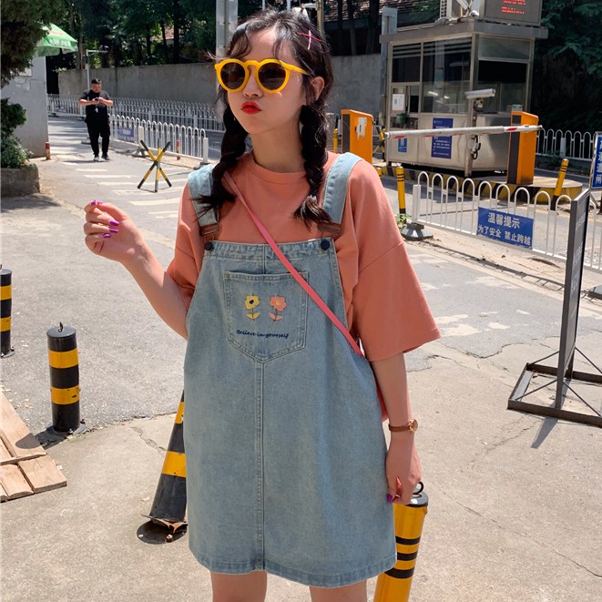 Đầm yếm Xiaozhainv chất denim form rộng họa tiết thêu trẻ trung cho nữ | BigBuy360 - bigbuy360.vn