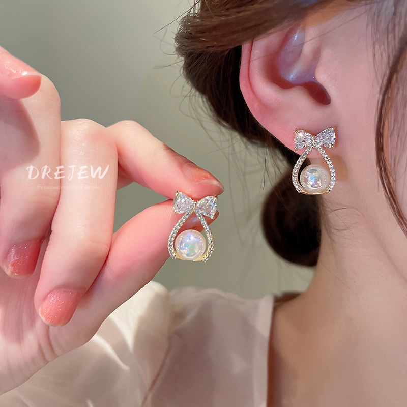 DREJEW Khuyên tai DREJEW 1 nơ đính đá phối ngọc trai thời trang sang trọng