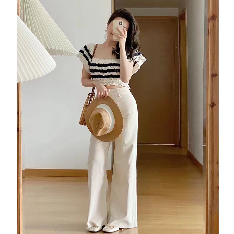 Áo Croptop Dệt Kim Tay Ngắn Họa Tiết Kẻ Sọc Thời Trang Hàn Quốc Mới Cho Nữ