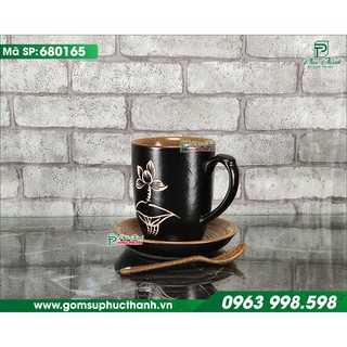 Ly cafe kèm thìa sứ Bát Tràng men gốm khắc Sen Chuồn
