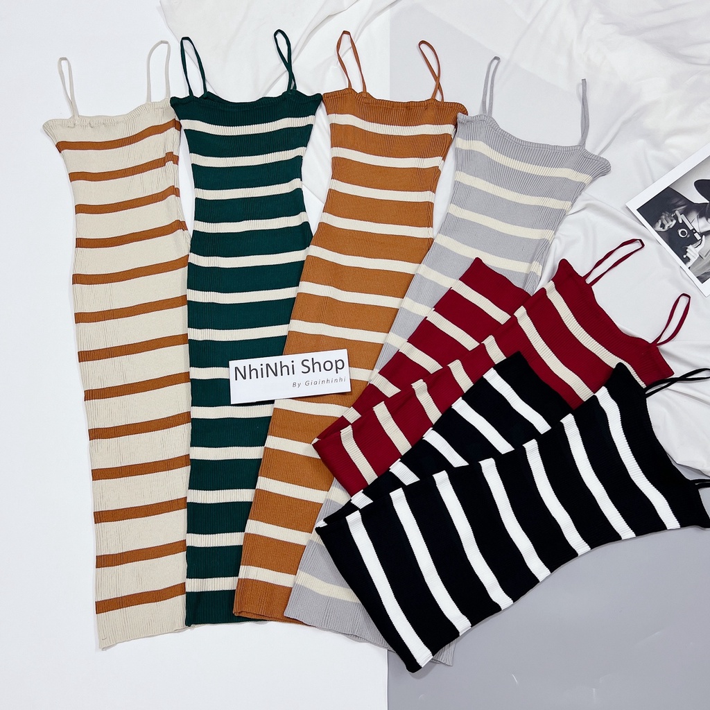 Váy body len kẻ ngang 2 dây dáng dài maxi, Đầm dáng ôm sexxy co giãn VL9912 - NhiNhi Shop