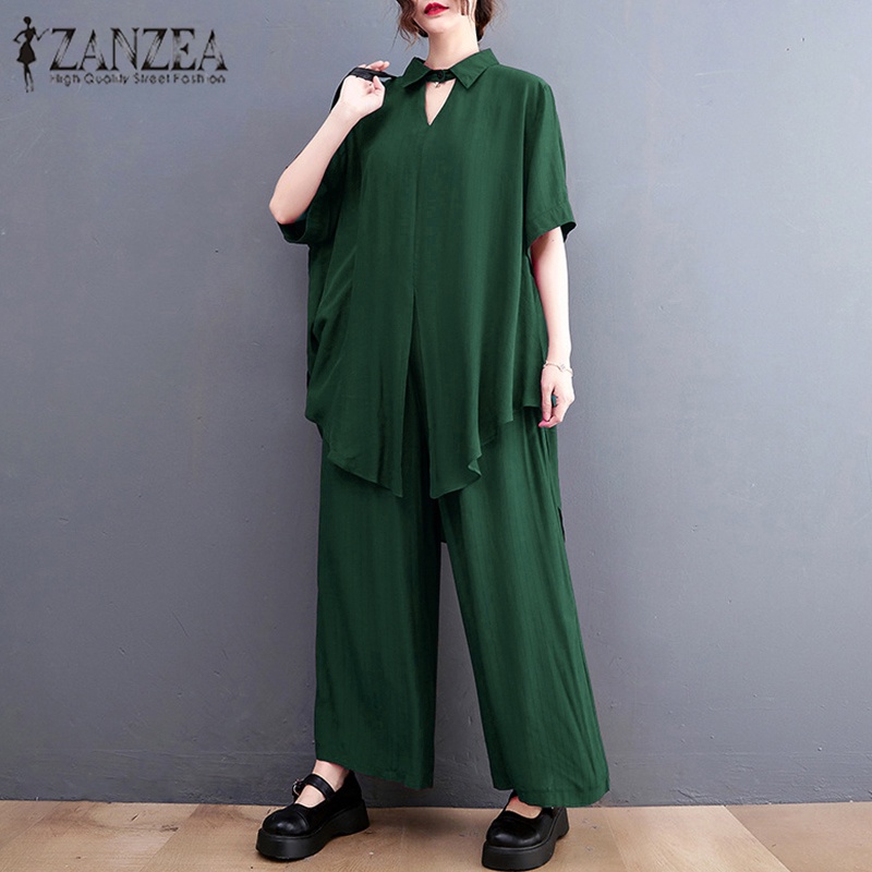 Set áo sơ mi tay ngắn và quần dài lưng thun ống rộng Zanzea phong cách retro cho nữ
