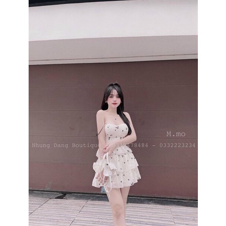 Đầm tiểu thư váy xòe đi tiệc cưới, đầm cúp ngực hoa nhí 2 dây tà xếp tầng thiết kế tinh tế,phong cách bánh bèo nhẹ nhàng