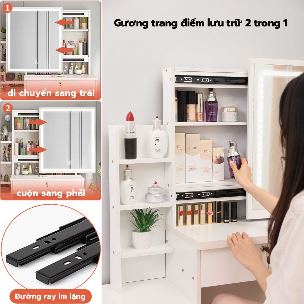 Bàn trang điểm có đèn có ngăn kéo,nội thất Bộ bàn trang điểm cá nhân kết hợp ghế và gương kéo thông minh - HELLO HOUSE