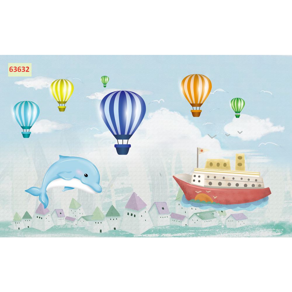 Tranh Dán Tường 3D Phòng Trẻ Em Hình Khinh Khí Cầu, SIÊU NHÂN