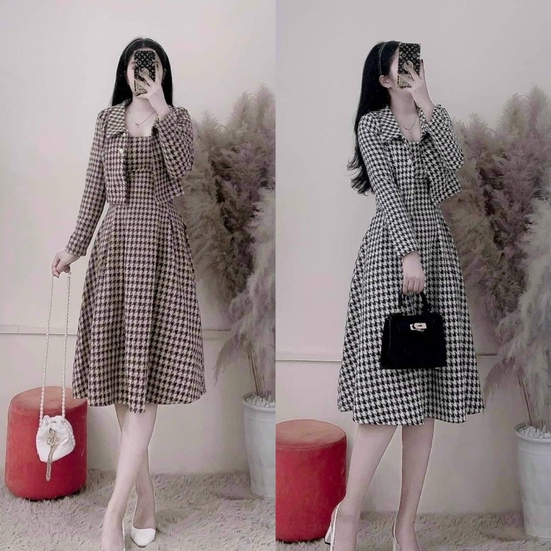 Sét đầm caro nữ 2 dây from dài dáng xòe sang chảnh kèm áo khoác ngoài tay dài cổ bẻ phối nút xịn xò