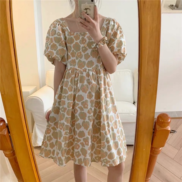 Váy thô baby doll hoa nhí cổ vuông tay bồng Ulzzang style 🌻 VKE9052 Hàng Quảng Châu