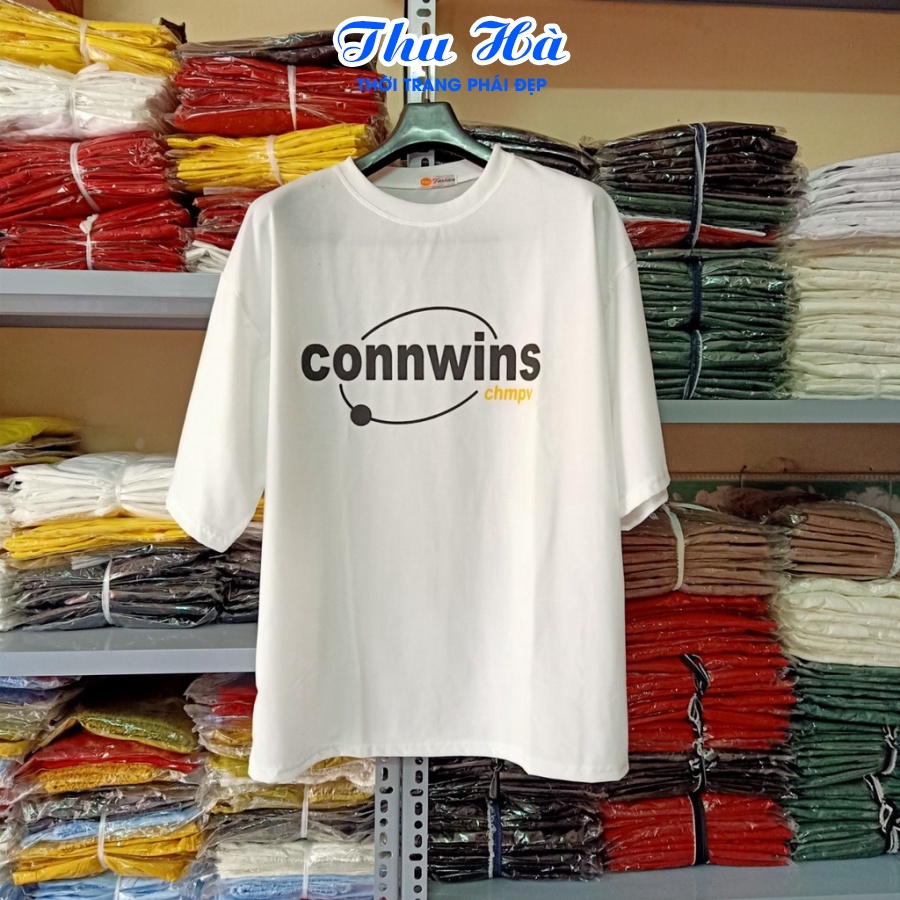 Áo phông unisex Thu Hà áo thun nam nữ form rộng tay lỡ, chất liệu bền mát in chữ Connwins