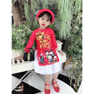 ÁO DÀI CÁCH TÂN TRẺ EM "GIA ĐÌNH SUM VẦY" HỌA TIẾT TRUYỀN THỐNG + KHĂN VẤN+ VÁY XOAN DÀNH CHO BÉ GÁI (ẢNH THẬT 100%