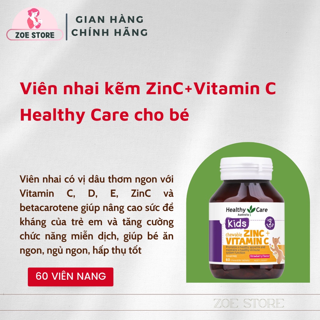 Viên nhai kẽm ZinC+Vitamin C Healthy Care cho bé  của Úc
