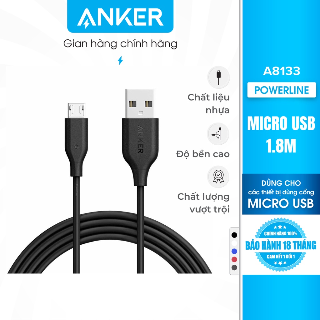 Cáp sạc ANKER PowerLine Micro USB Dài 1.8m, dùng cho Android sử dụng cổng sạc MicroUSB - A8133