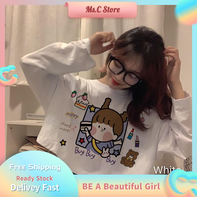 Ms.C💘 Áo croptop dáng rộng dài tay họa tiết hoạt hình đáng yêu dành cho bạn nữ