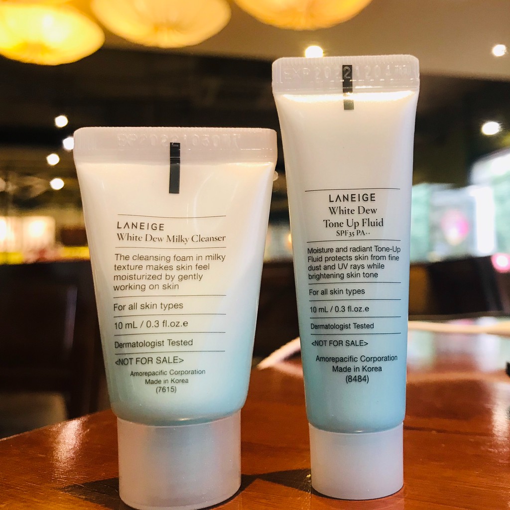 Bộ đôi dưỡng trắng Laneige White Dew ToneUp Fluid 10ml & Laneige White Dew Milky Cleanser 10ML