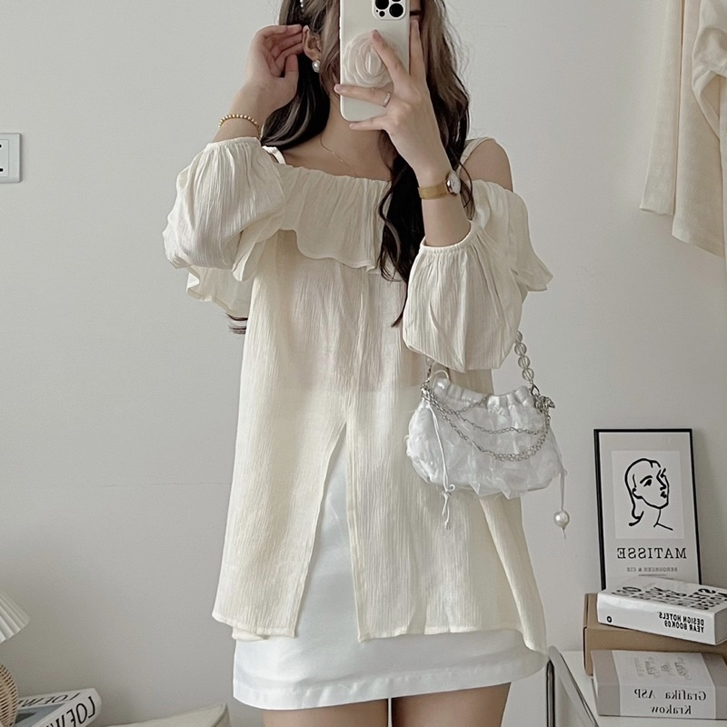 Áo kiểu trễ vai viền bèo xẻ chất đũi đẹp form xinh