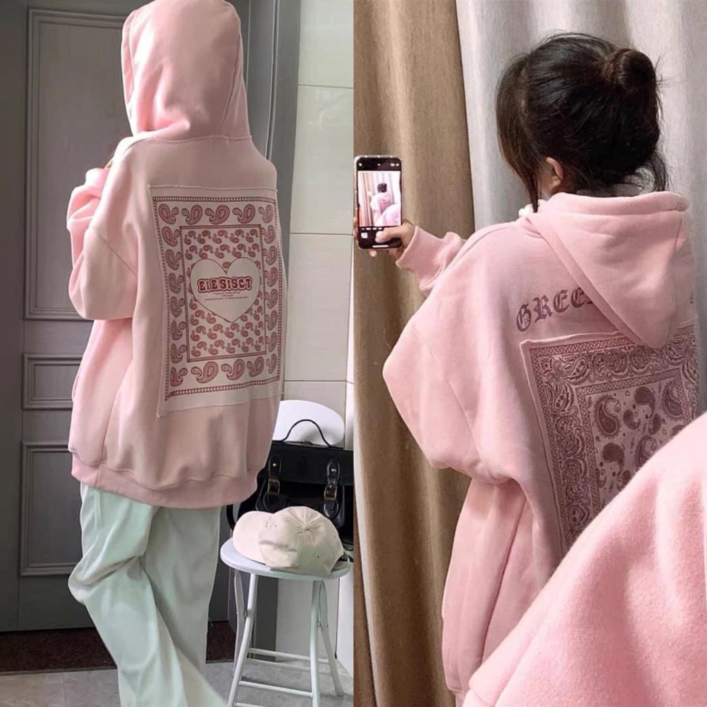 Áo hoodie màu hồng form rộng họa tiết thổ cẩm, áo khoác hoodie chất vải nỉ ngoại mềm mịn thời trang