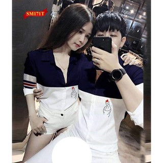 Áo sơ mi couple phối đen trắng áo cặp nam nữ