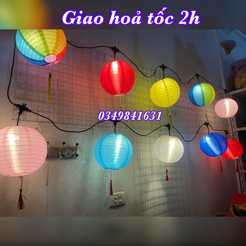 Combo 10 đèn lồng vải lụa + bộ dây điện 10 bóng led trang trí ngoài trời