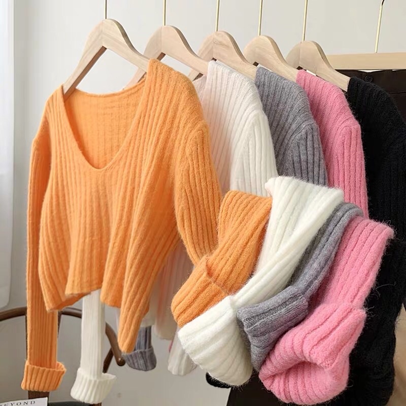 (Ảnh thật)(sẵn xám) Áo len dệt kim croptop lông thỏ nhiều màu cổ V dài tay kiểu sọc dáng ngắn hàng Quảng Châu chất đẹp