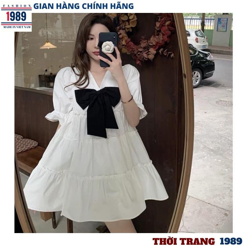 Đầm babydoll nữ ❤️váy xoè cổ v đính nơ❤️ chất thô mềm xếp tầng, tiểu thư -phương_1989 | BigBuy360 - bigbuy360.vn