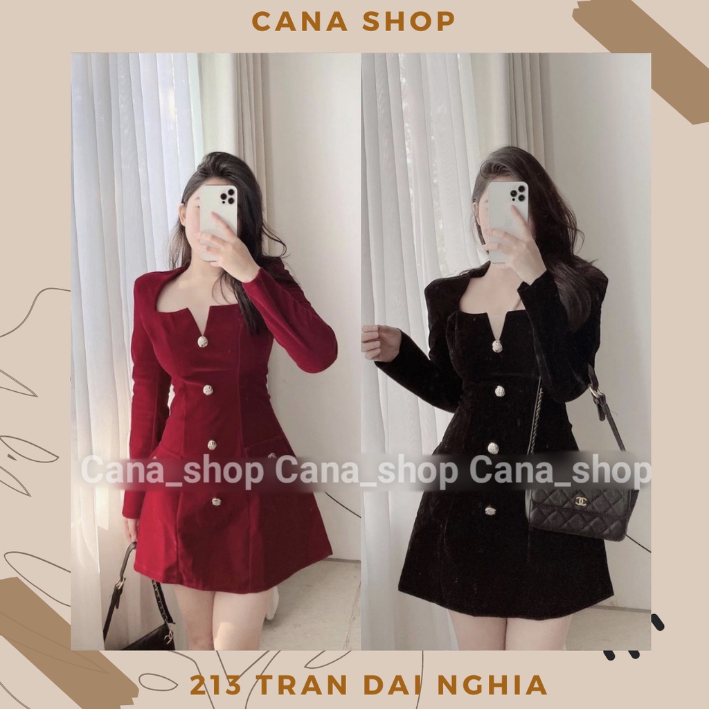 Váy Nhung Cổ Vuông Khoét Ngực | CANA SHOP