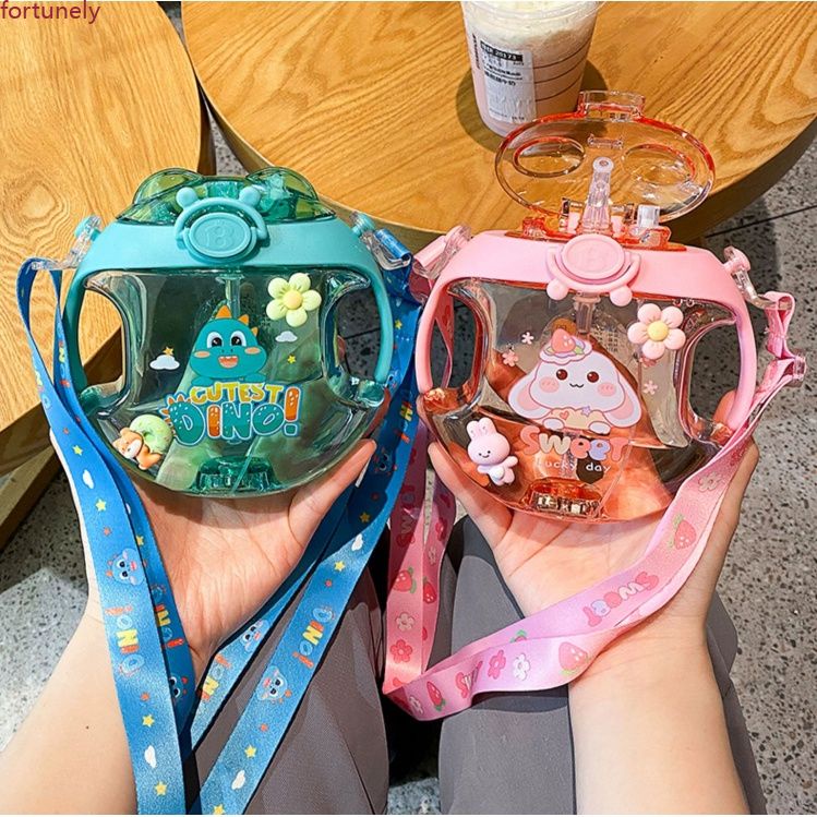 Cute Cartoon Water Bottle Donut Round Cup For Children Adult Portable Outdoor Drinking Spray Bottle With Strap