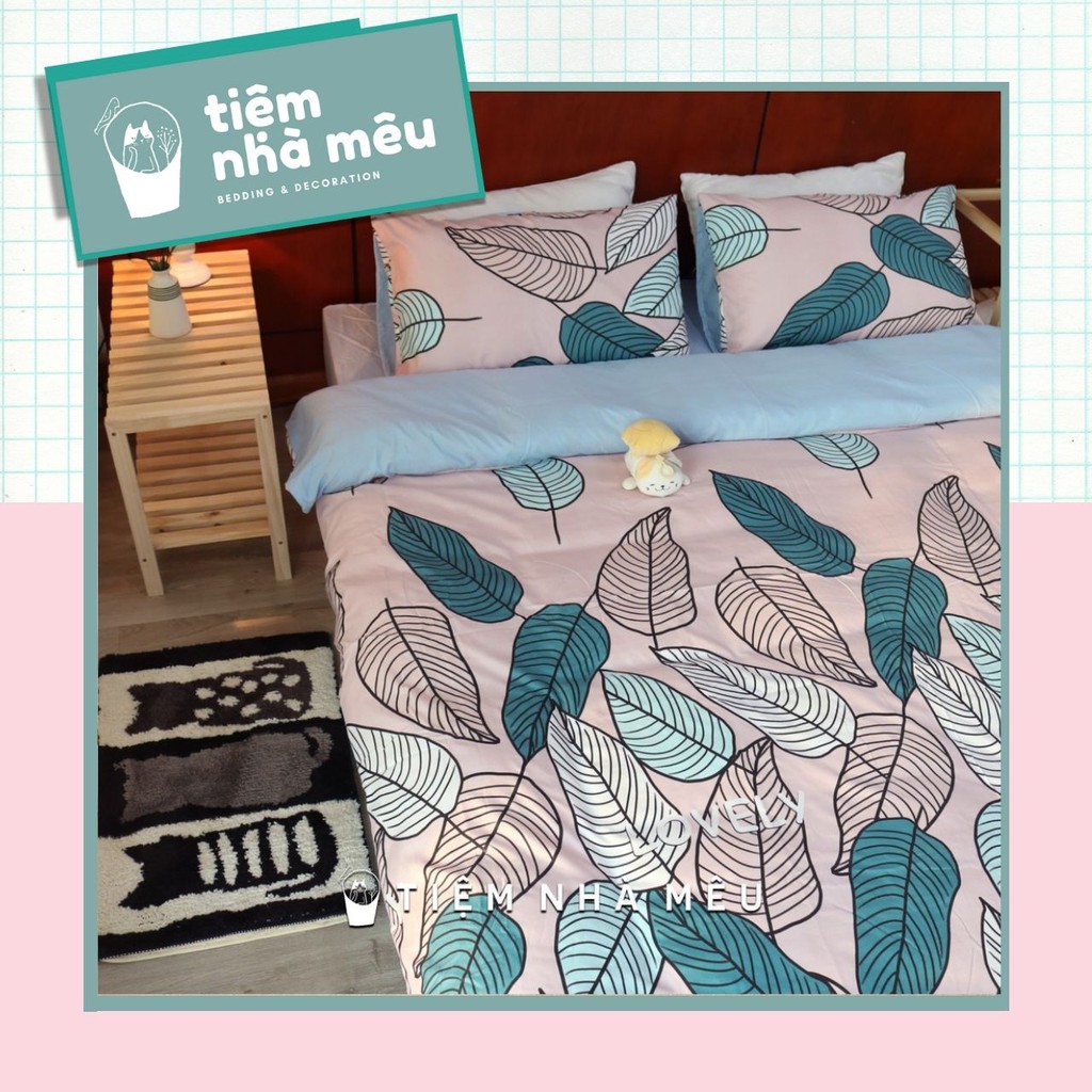 ( ẢNH THẬT )Bộ Chăn Ga Gối Cotton 3D✨m6/m8/2m-Tiệm Nhà Mêu✨Set 4 Món 2 Vỏ gối ,drap , vỏ chăn Cotton 80% Lá Hồng Xanh